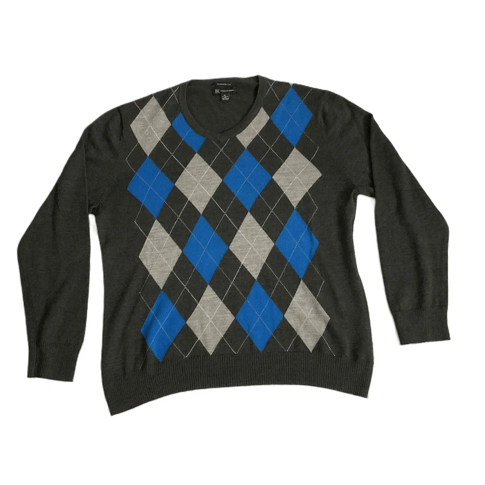 INC Grey Blue Argyle Merino Wool Crewneck Sweater Mens Size XL